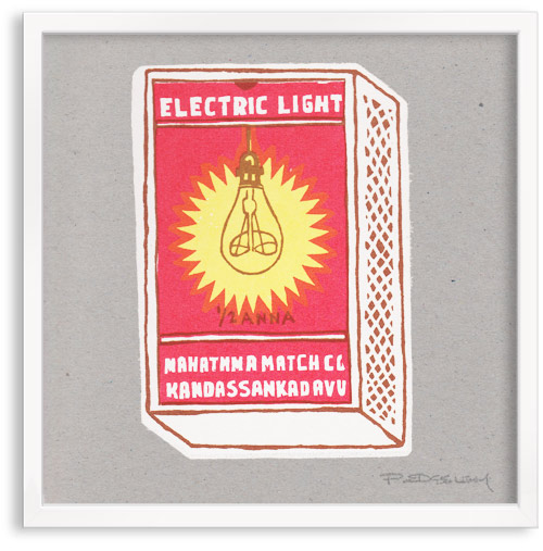 Electric light vintage matchbox limited edition hand printed hand drawn pop art Silk screen prints by Patrick Edgeley